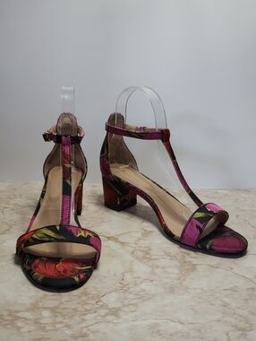 Anthropologie Floral Pink T-Strap Block Heel Sandals Size 8.5